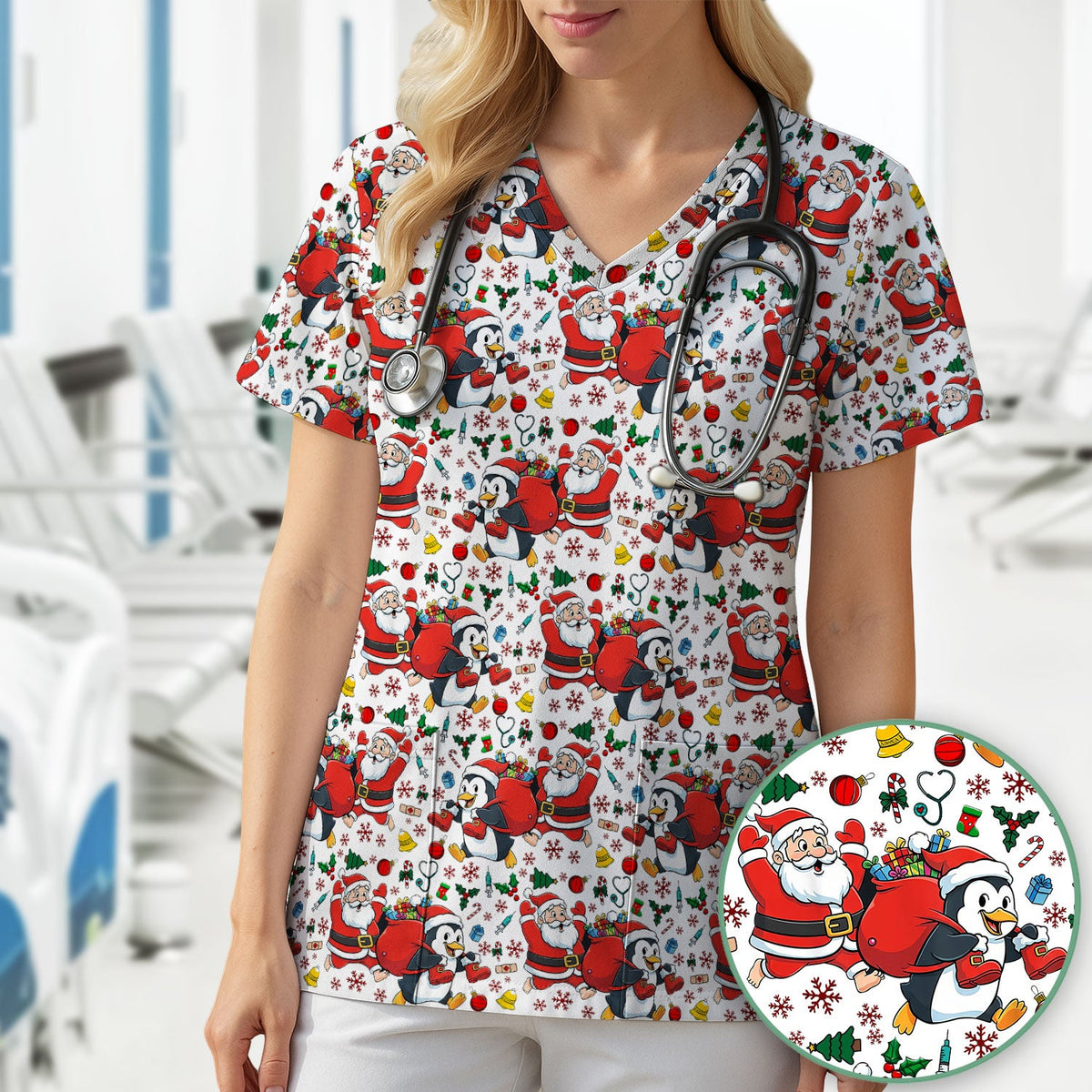 Penguin Santa Nurse Scrub Top - Christmas Gift