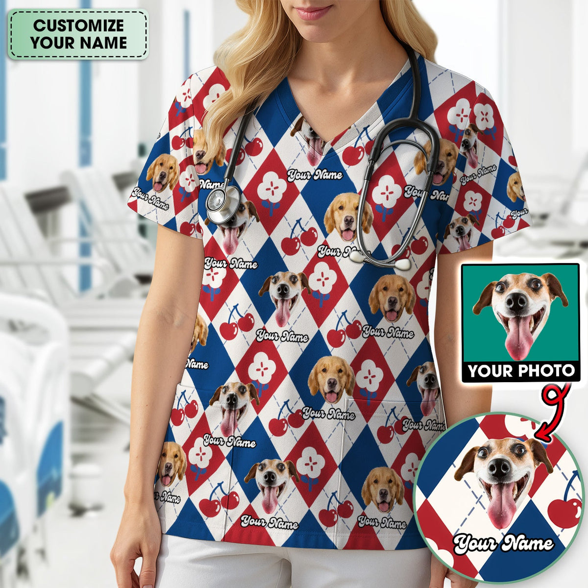 Dog Face Cherry Argyle Nurse Scrub Top