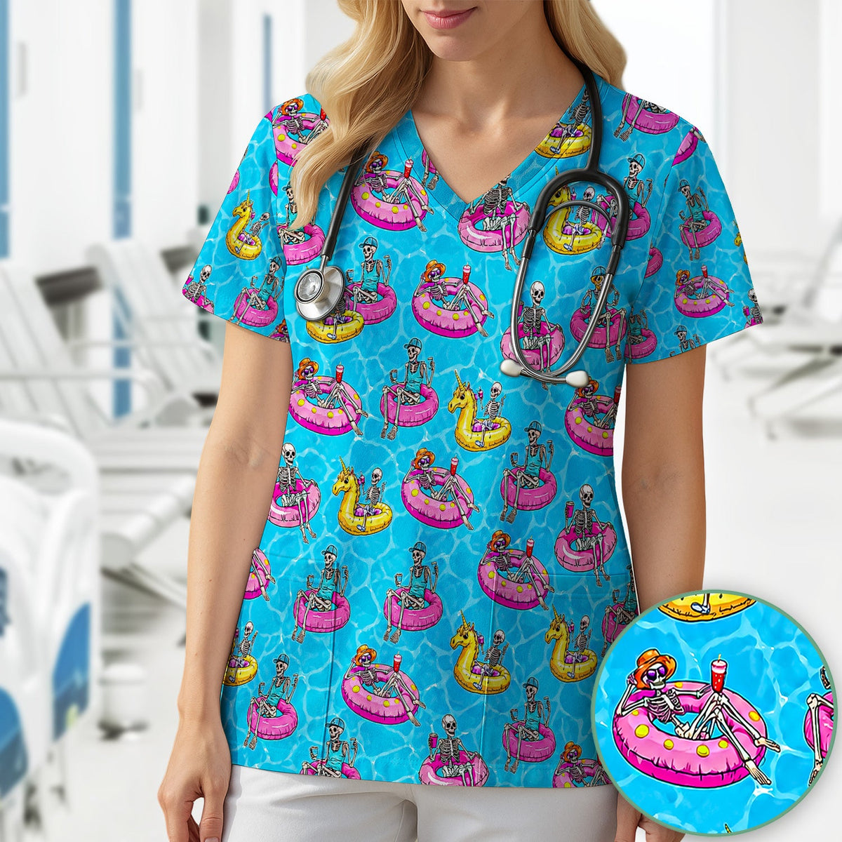 Summerween Skeleton Pool Float Nurse Scrub Top
