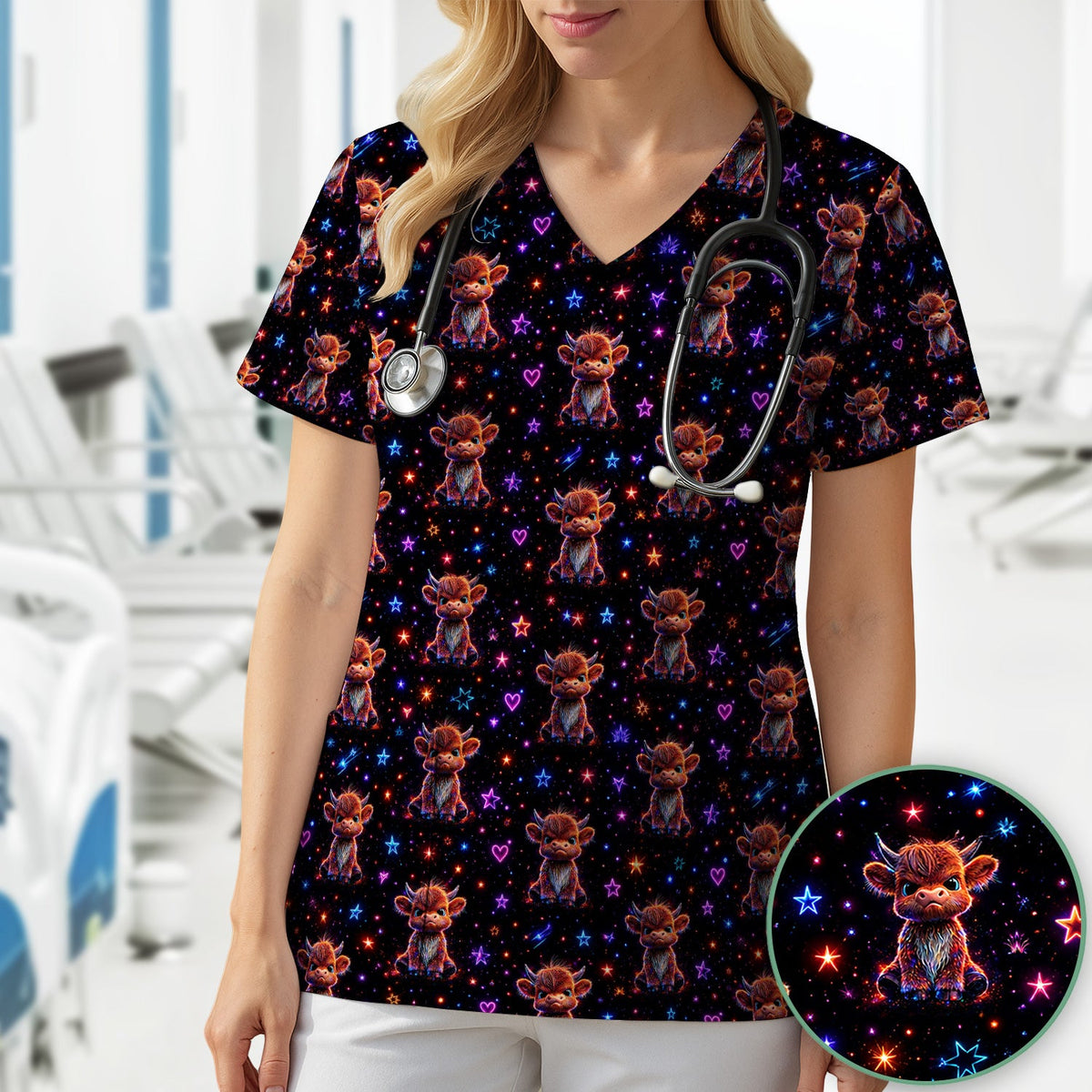 Neon Highland Cow Stars Nurse Scrub Top