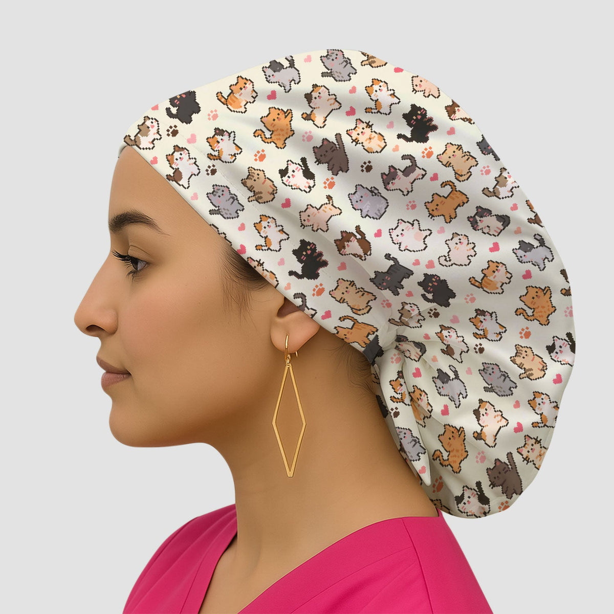 Pixel Cat Heart Paw Scrub Cap