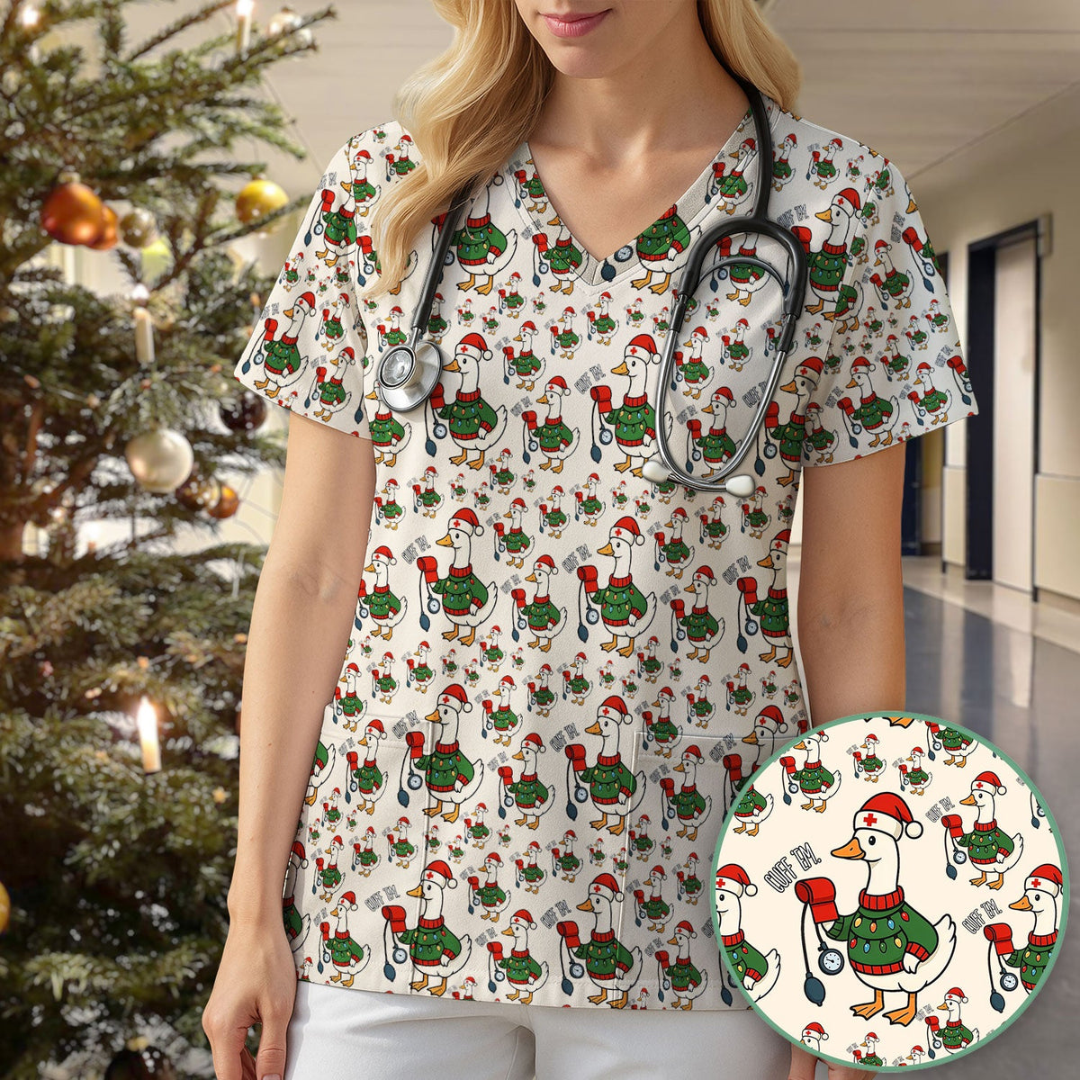 Christmas Duck Nurse Scrub Top