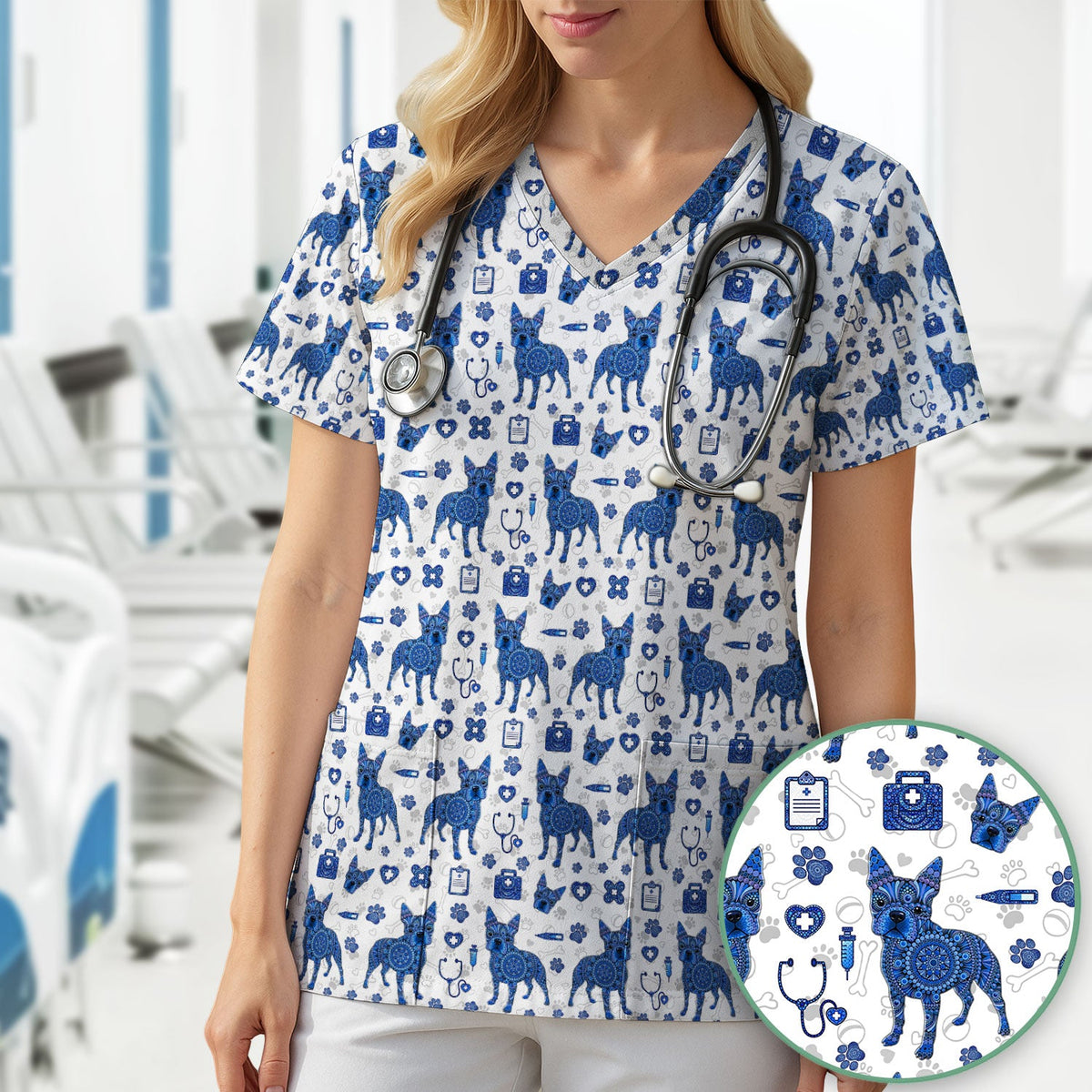 Blue Heeler Australian Cattle Dog Scrub Top, Australia Dot Art Pattern Shirt, Breathable Fabrics Nursing Uniform