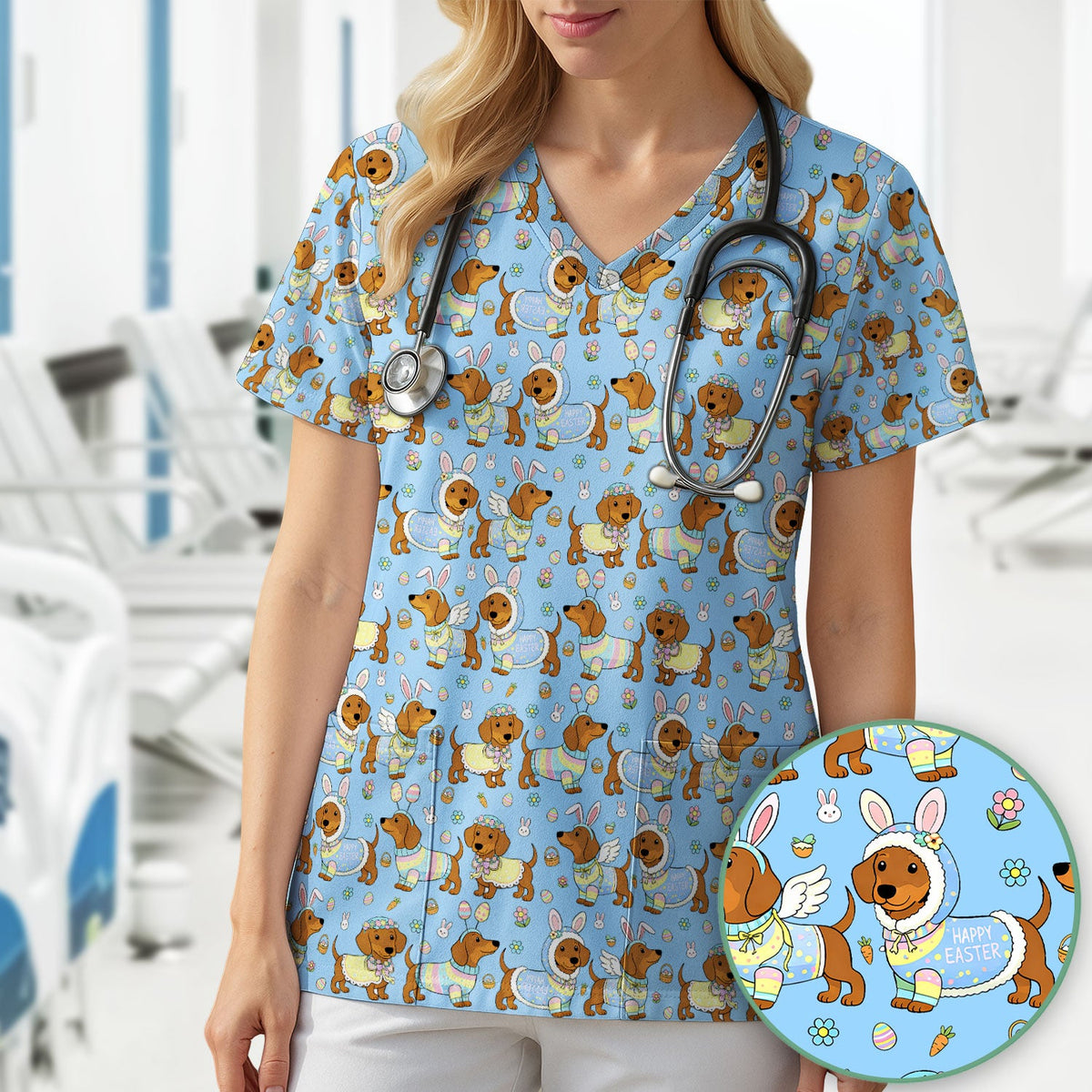 Easter Dachshund Bunny Print Scrub Top, Breathable Fabrics Nursing Uniform
