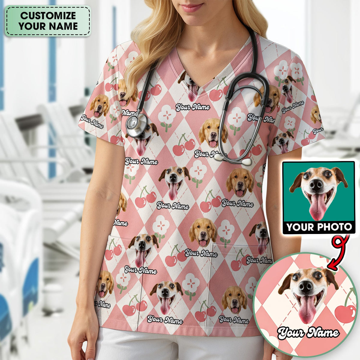 Dog Face Cherry Argyle Nurse Scrub Top