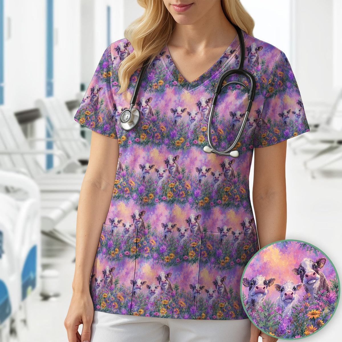 Pastel Cow Meadow Flower Nurse Scrub Top