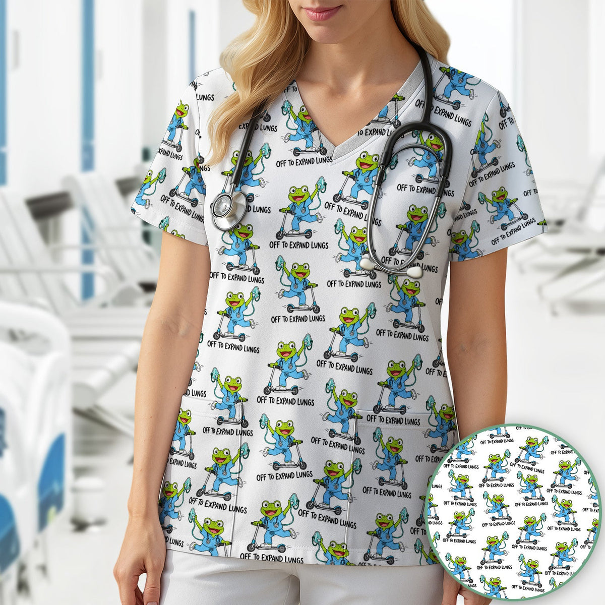 Off To Expand Lungs Frog Nurse Scrub Top