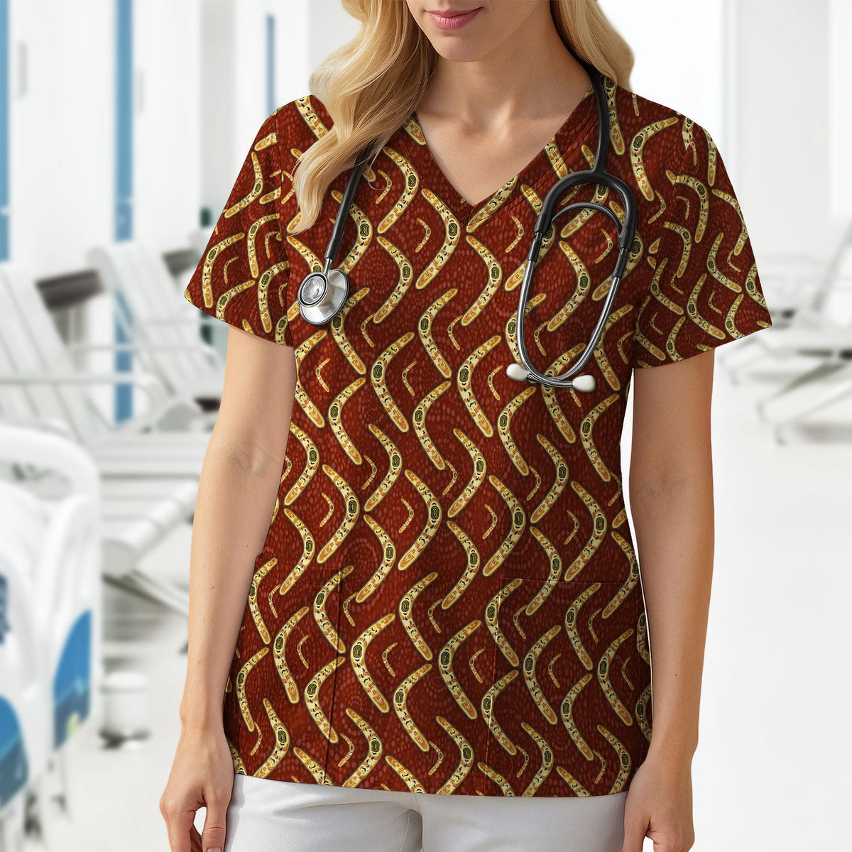 Aboriginal Boomerang Nurse Scrub Top