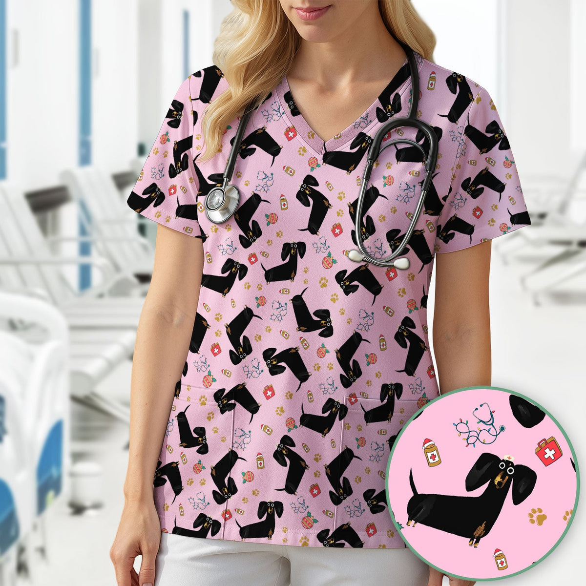 Black Dachshund Nurse Scrub Top - Gift For Dog Lover