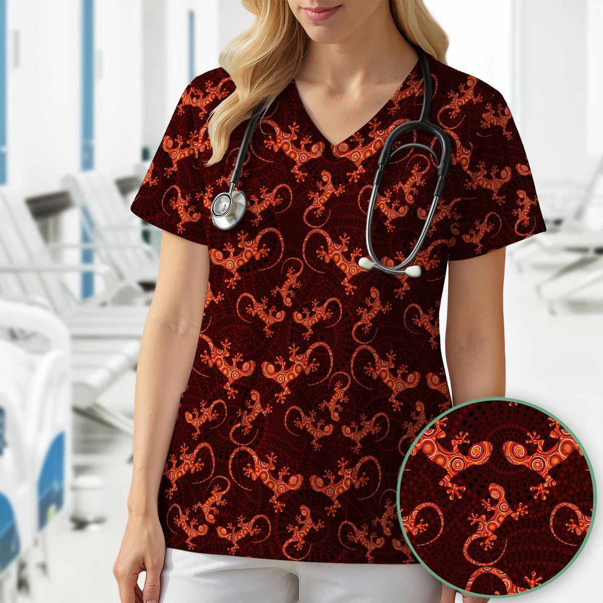 Australian Gecko Dot Art Inspired Medical Scrub Top - Women Uniform