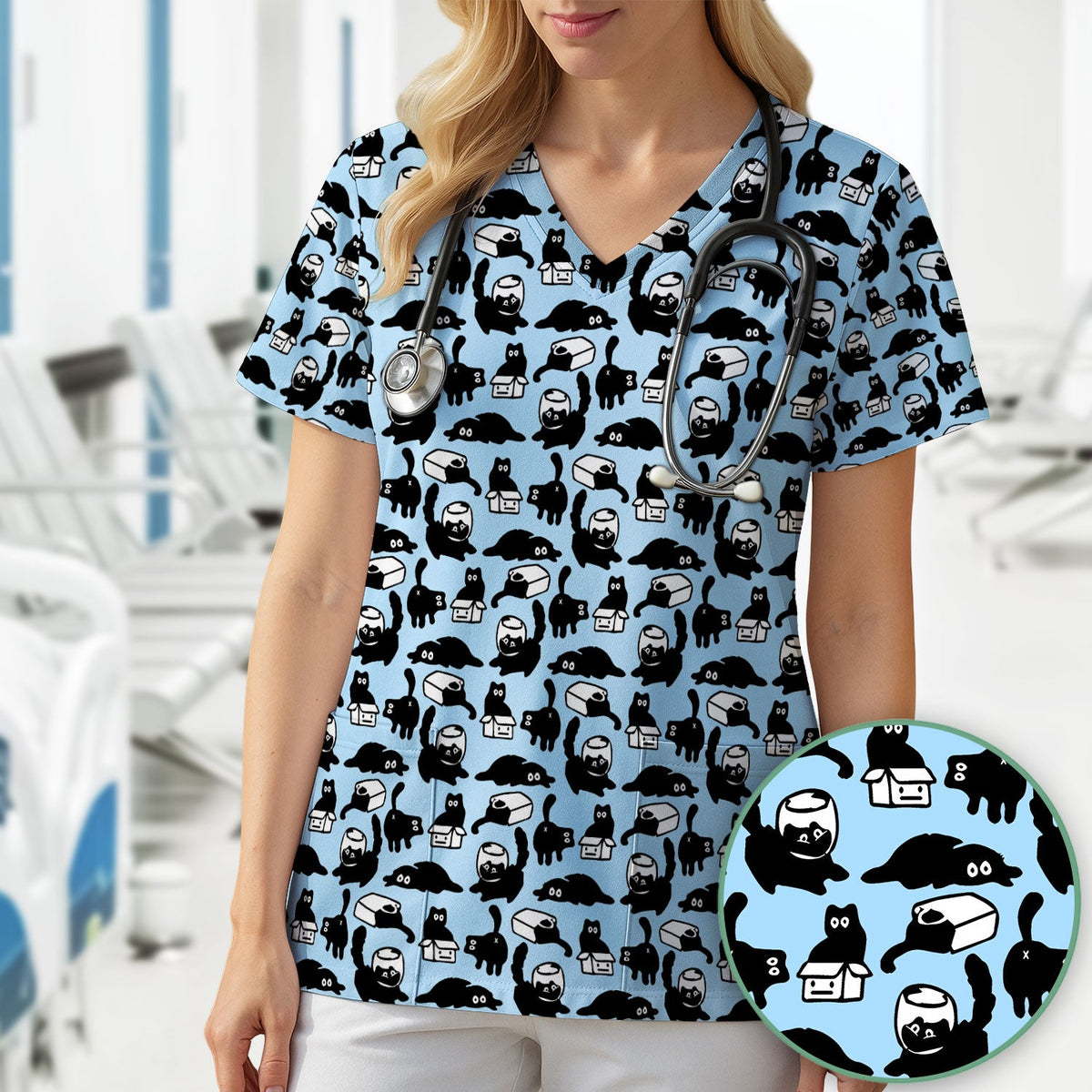 Dark Playful Cat Nurse Scrub Top