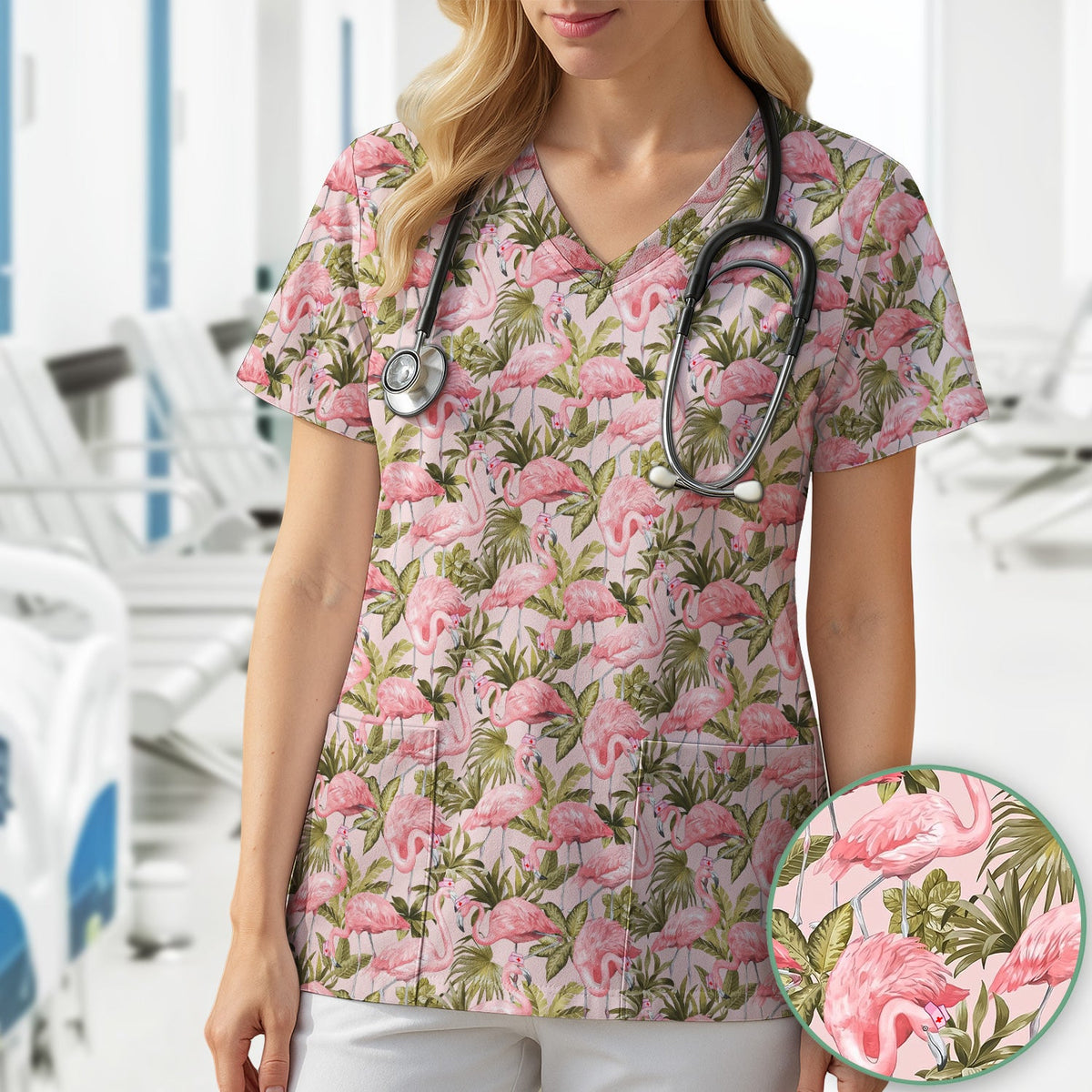 Pink Flamingo Jungle Leaves Nurse Scrub Top
