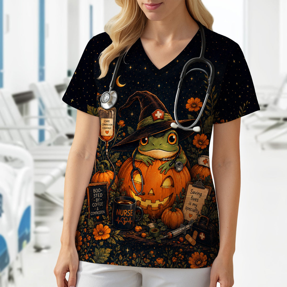 Witch Frog Pumpkin Nurse Scrub Top - Halloween Gift