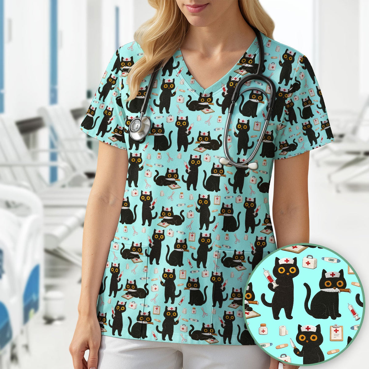 Cute Black Cat Nurse Scrub Top