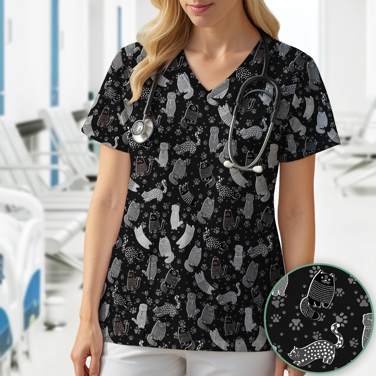 Cat Paw Print Nurse Scrub Top