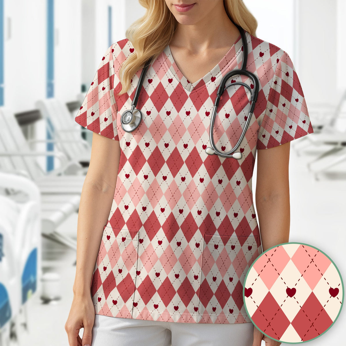Red Argyle Plaid Nurse Scrub Top