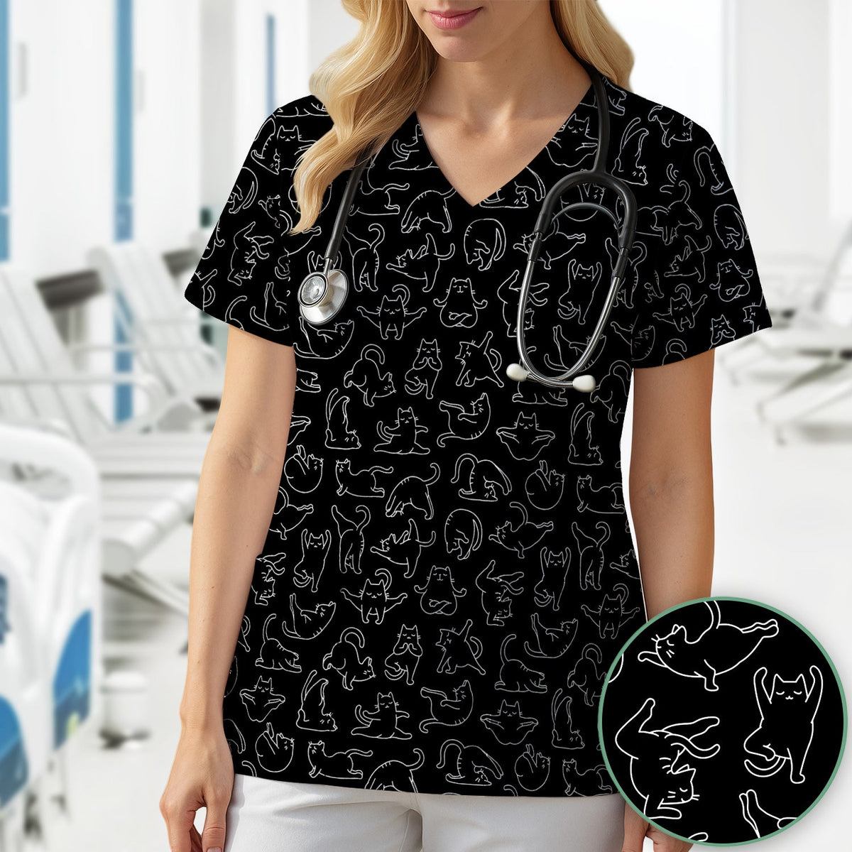 Cat Outline Playing Gothic Nurse Scrub Top