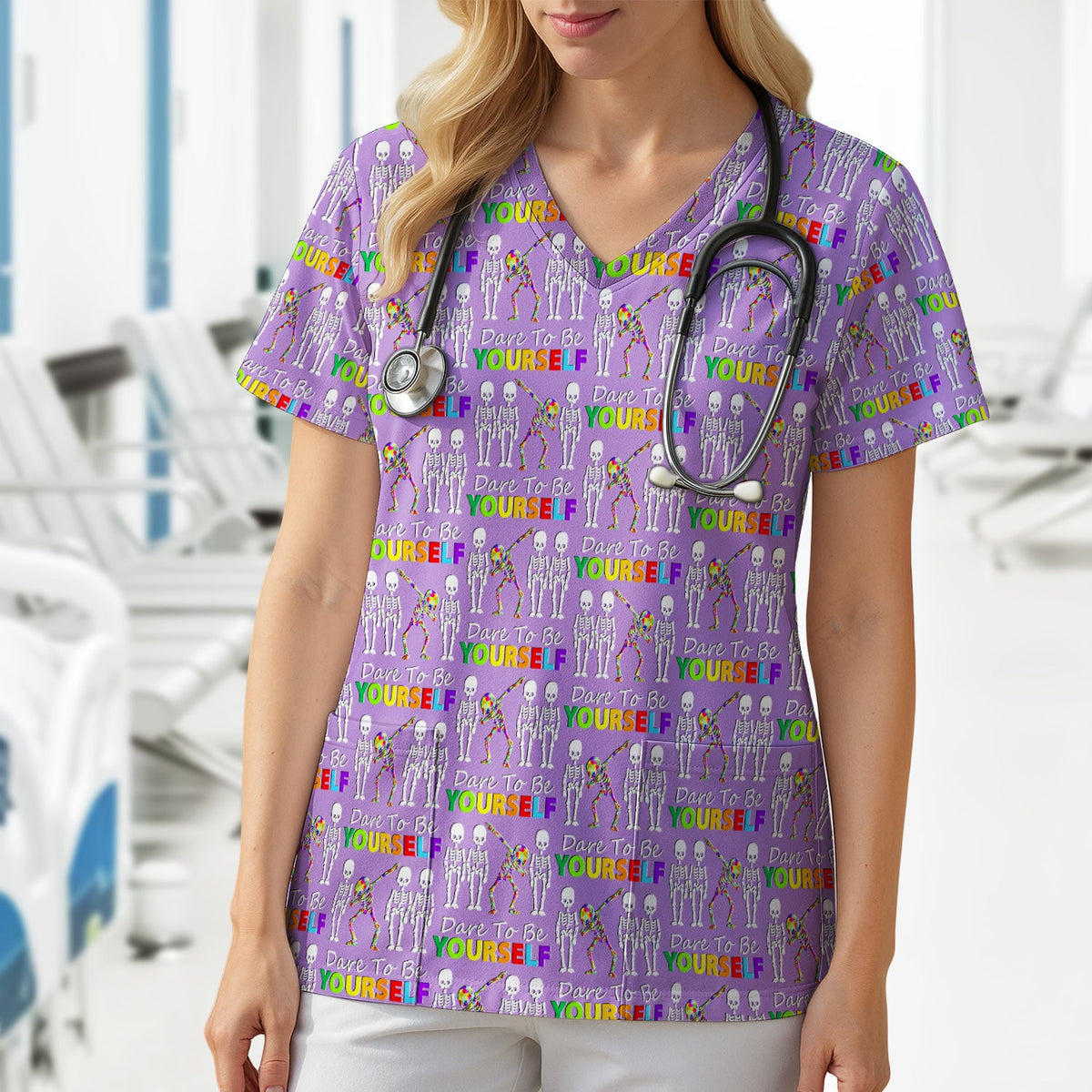 Rainbow Skeleton Dare To Be Yourself Nurse Scrub Top