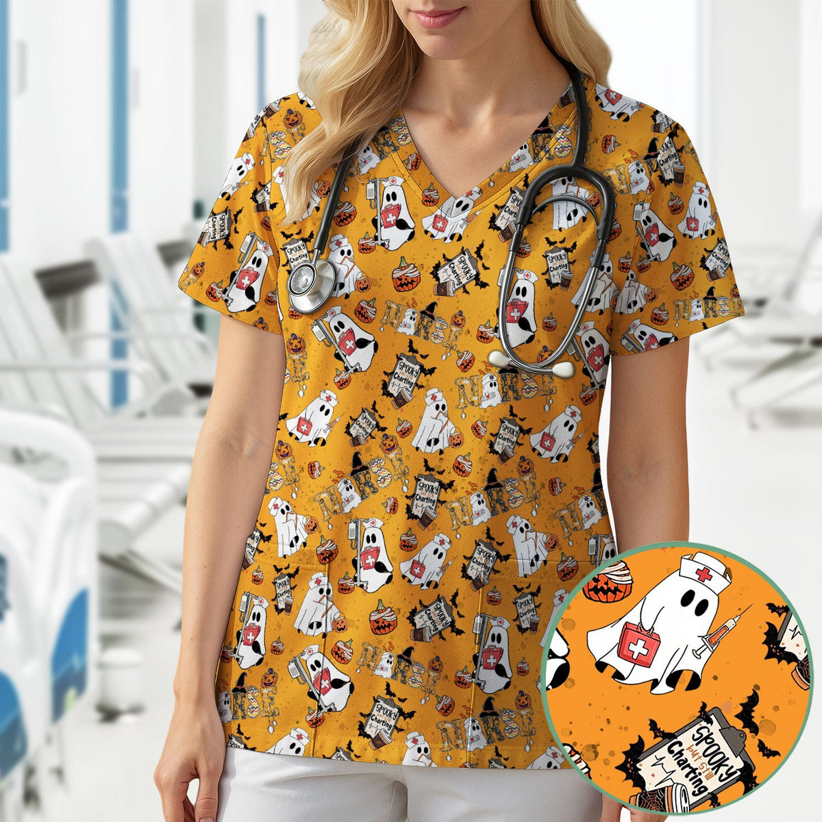 Spooky But Still Charting Nurse Scrub Top - Halloween Gift