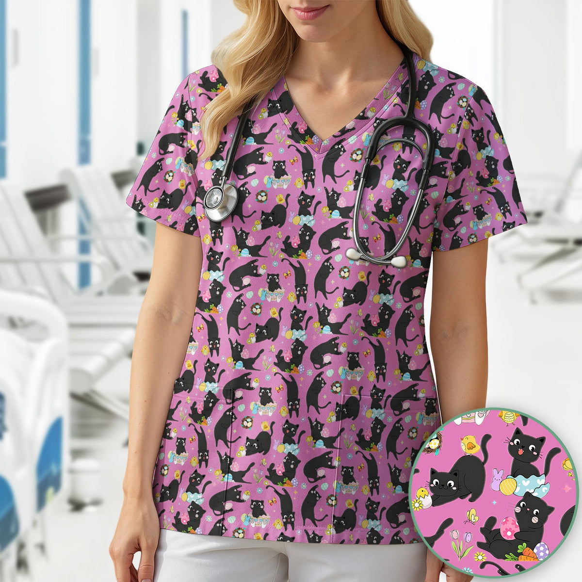Black Cat Easter Egg Nurse Scrub Top