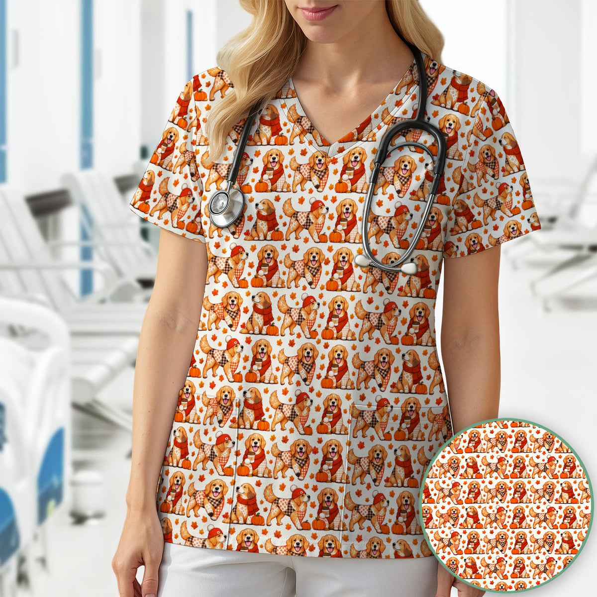 Fall Golden Retriever Pumpkin Nurse Scrub Top