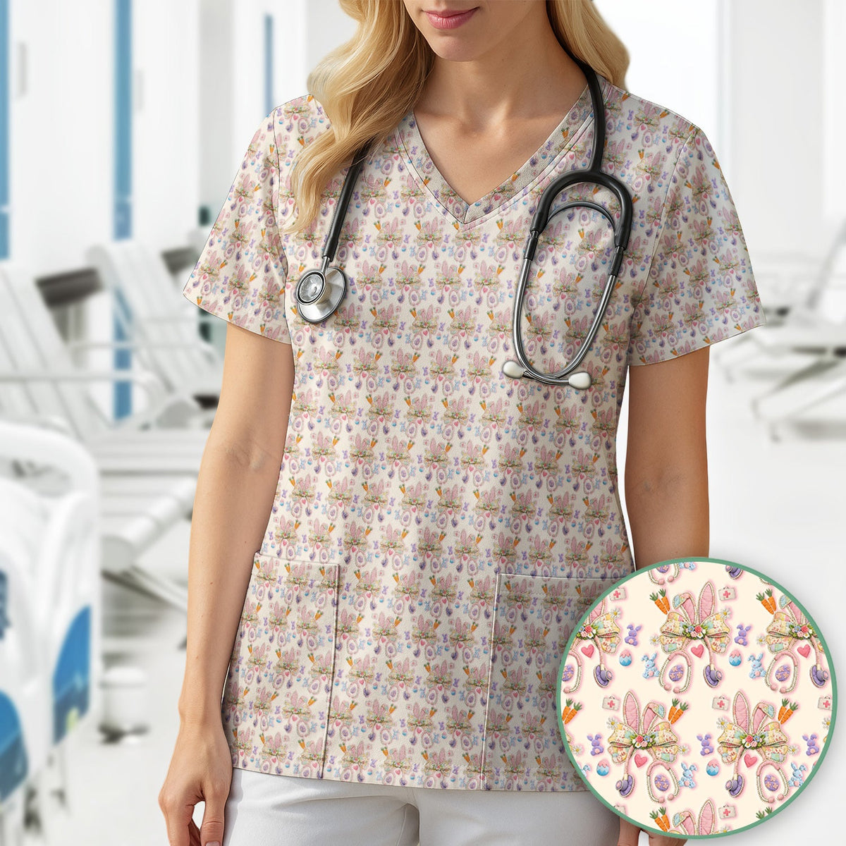 Bunny Stethoscope Nurse Scrub Top - Easter Gift