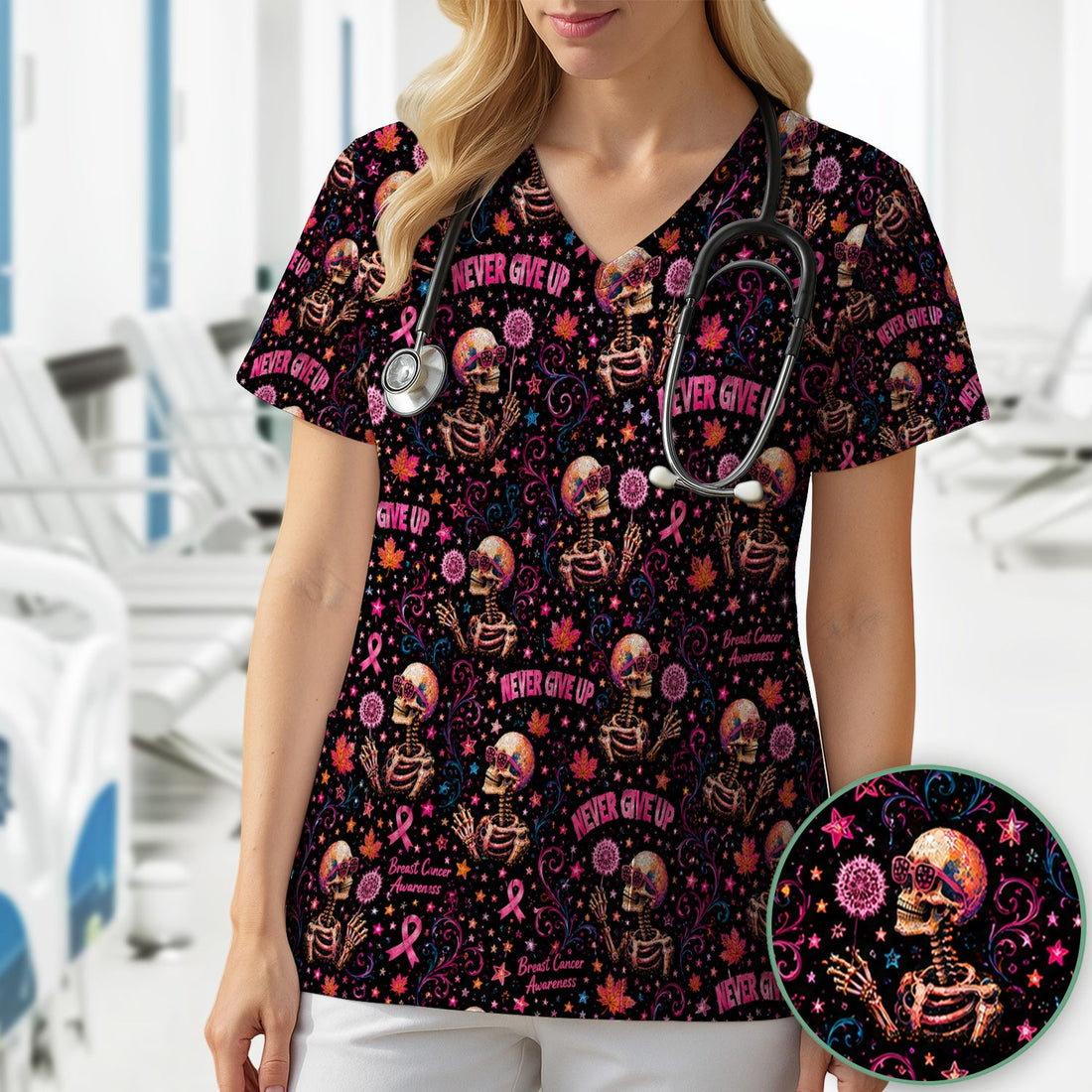 Breast Cancer Awareness Skeletons Nurse Scrub Top