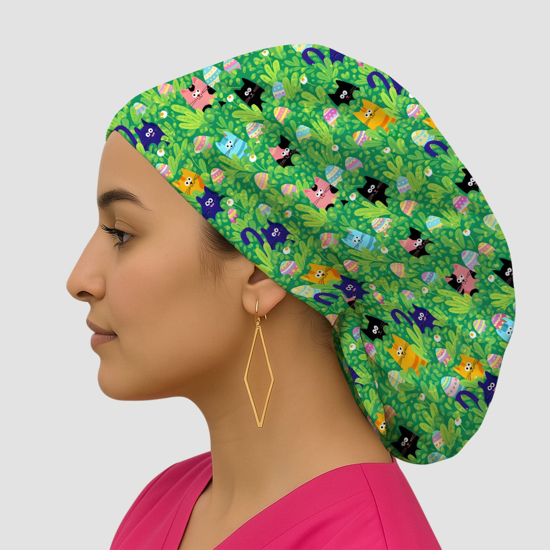 Colorful Easter Cats Green Leaves Scrub Cap