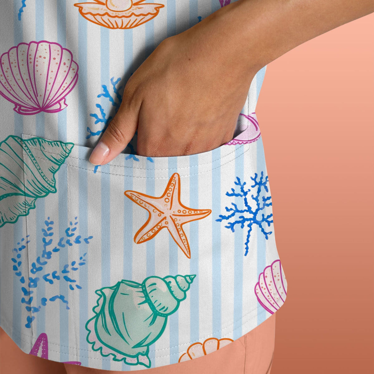 Colorful Seashell Starfish Ocean Stripe Nurse Scrub Top