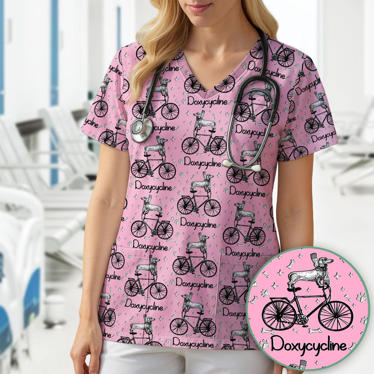 Funny Doxycycline Dog Bicycle Print Scrub Top, Comfortable Scrubs for Nurses