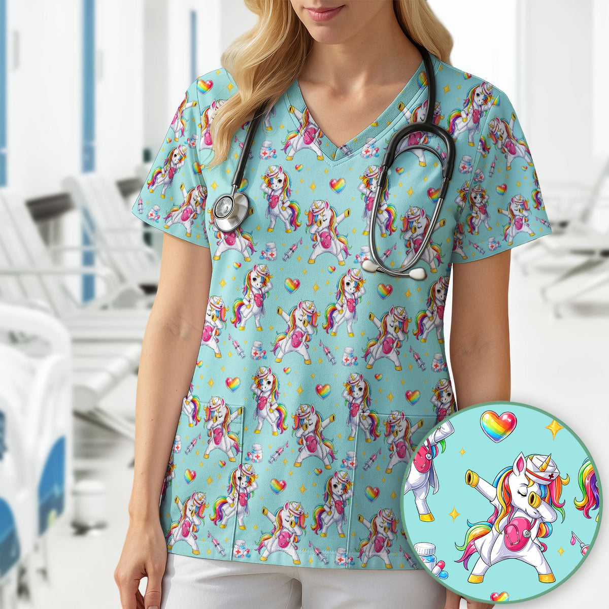 Playful Nurse Unicorn Rainbow Pattern Scrub Top, Comfortable Scrubs for Nurses