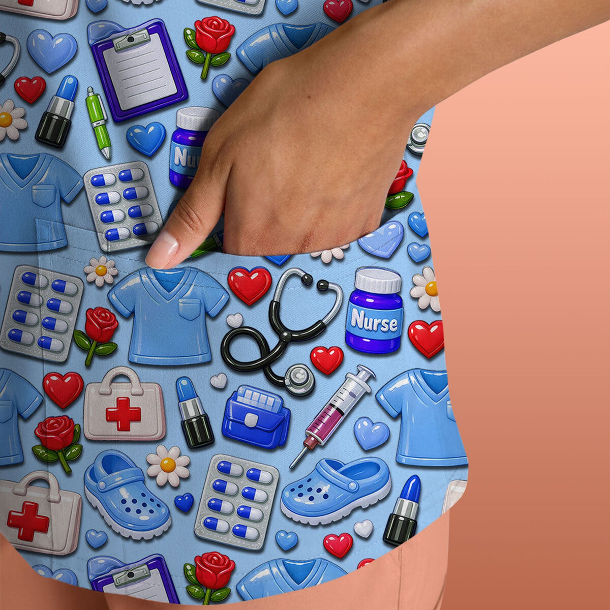Medical Icons Scrub Top, Cute Pattern Nurse Shirt, Breathable Fabrics Nursing Uniform