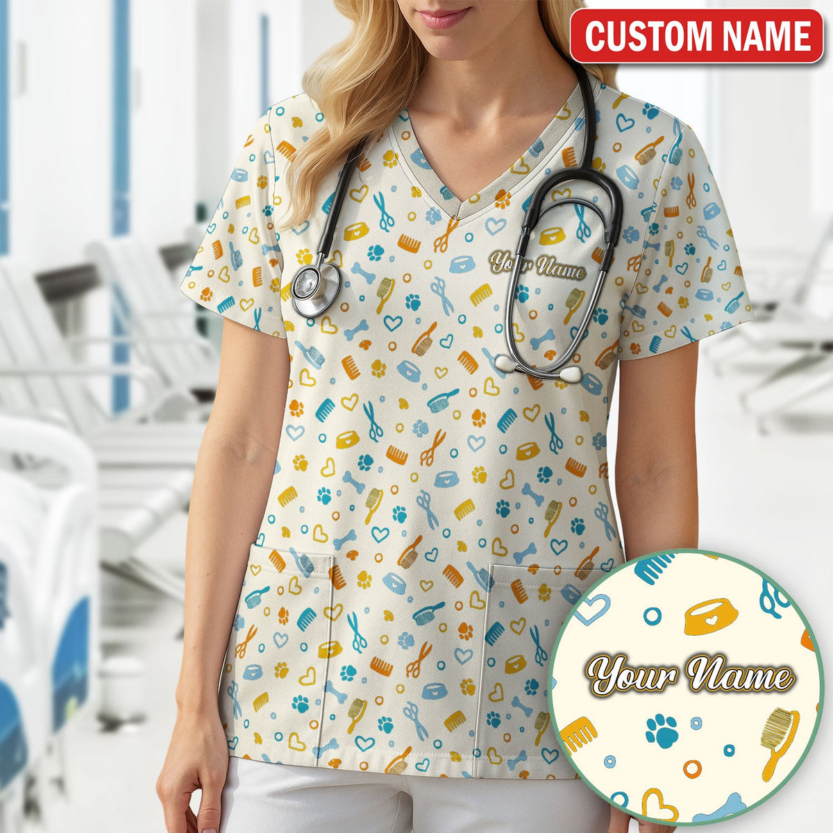 Personalized Dog Cat Grooming Nurse Scrub Top