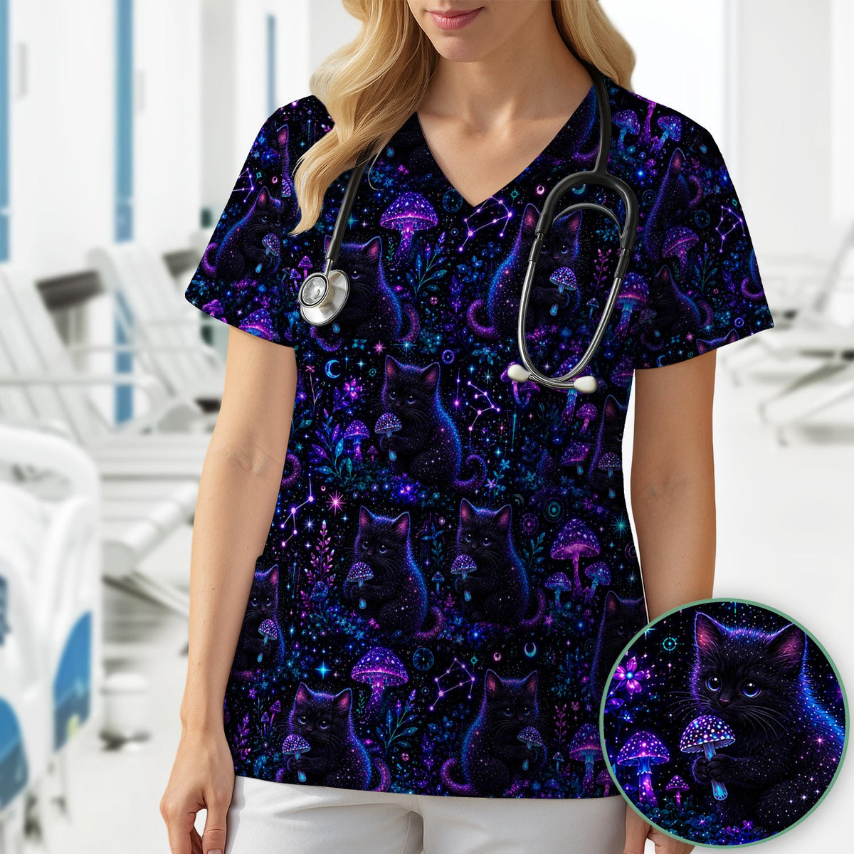 Neon Black Cat Mushroom Galaxy Nurse Scrub Top