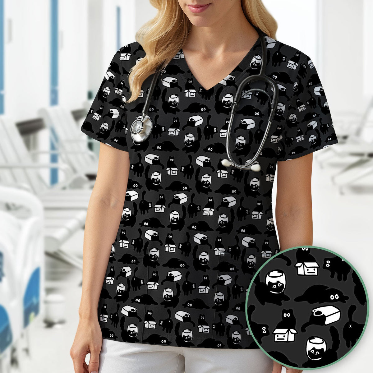 Dark Playful Cat Nurse Scrub Top