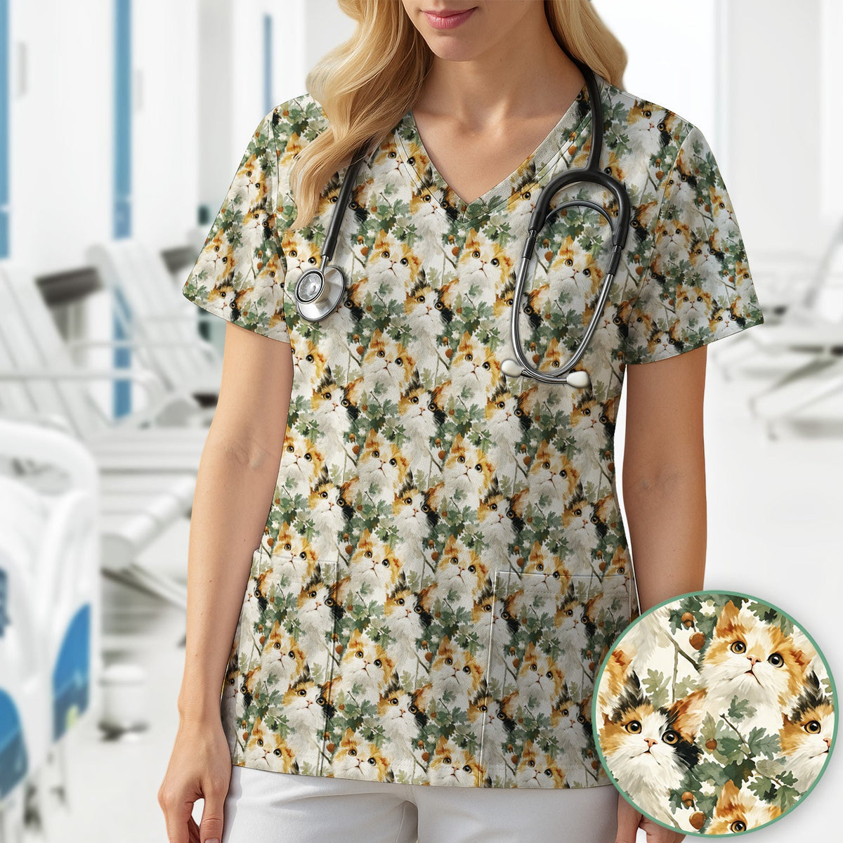 Fluffy Calico Cat Oak Leaves Nurse Scrub Top