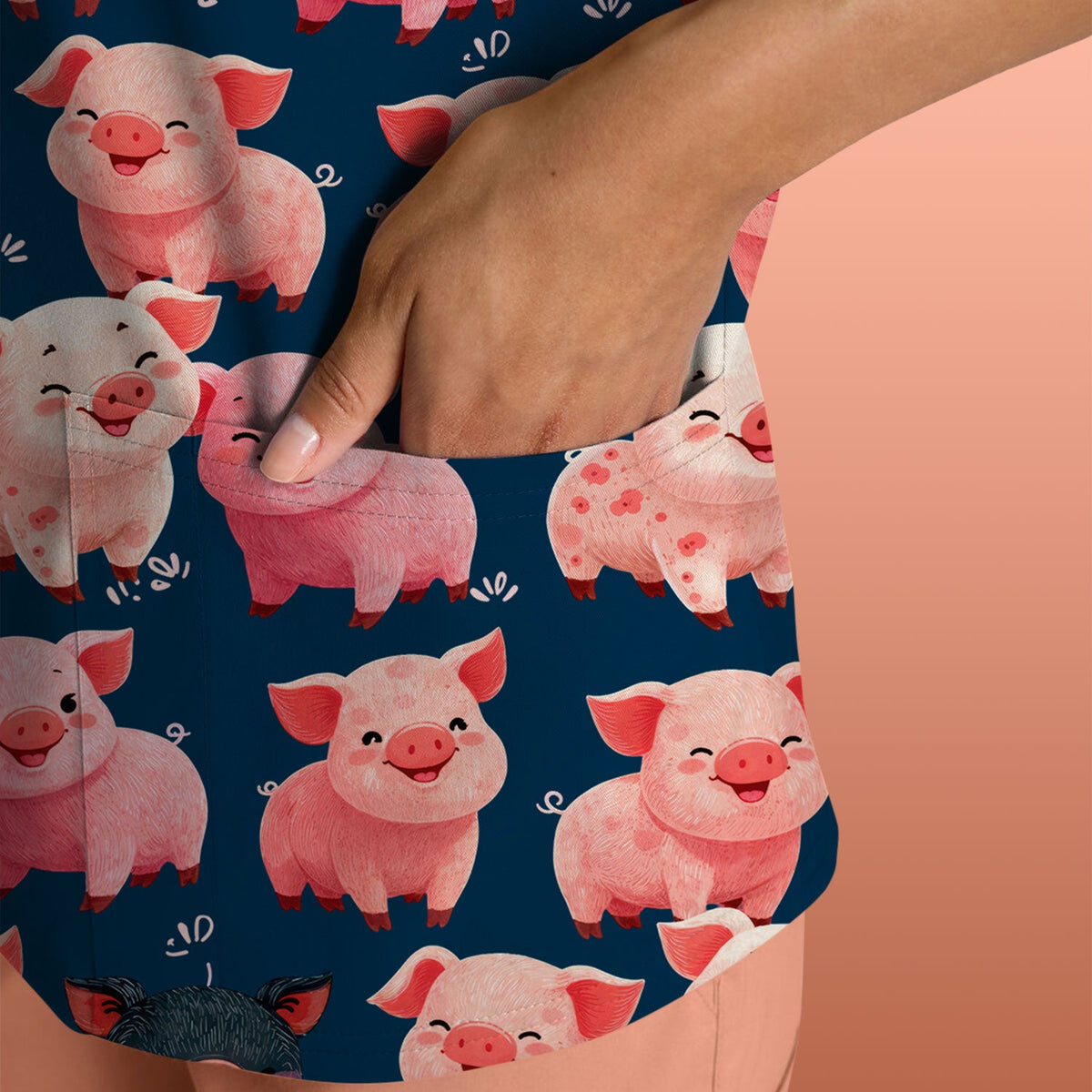 Funny Farm Pig Cartoon Pattern Scrub Top, Comfortable Scrubs for Nurses