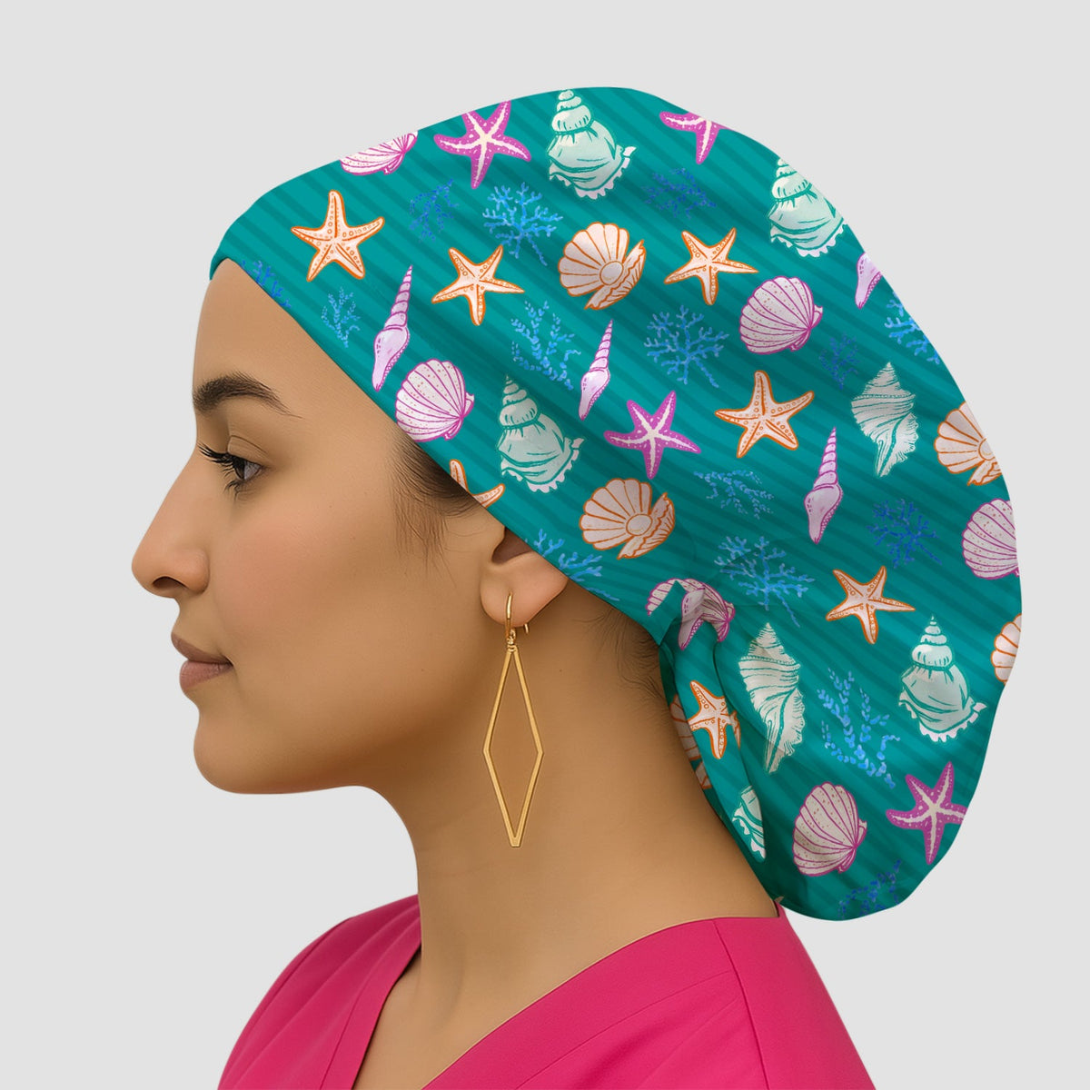 Colorful Seashell Starfish Ocean Stripe Scrub Cap