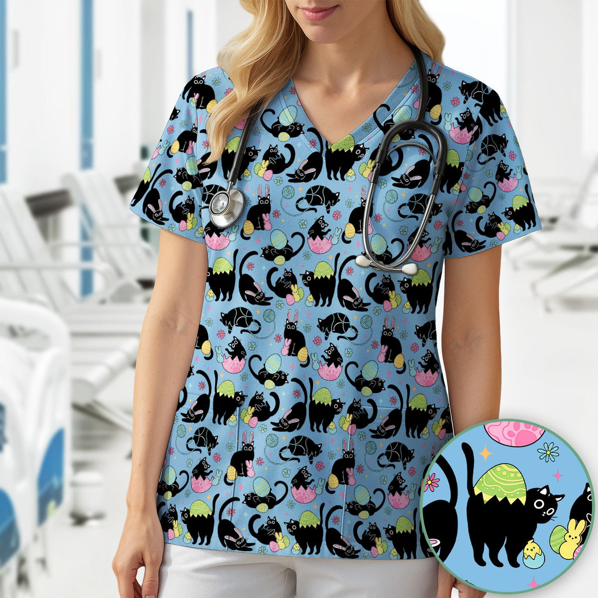 Black Cat Egg Nurse Scrub Top - Easter Gift