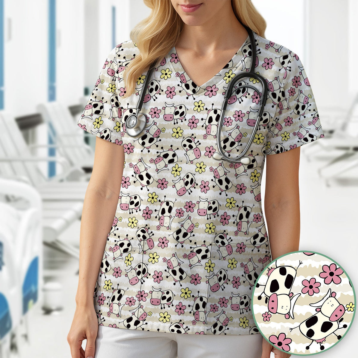 Cow Flower Meadow Nurse Scrub Top