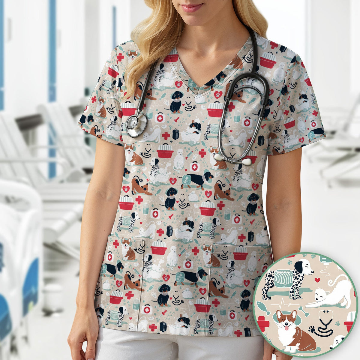 Dogs Veterinary Tools Nurse Scrub Top