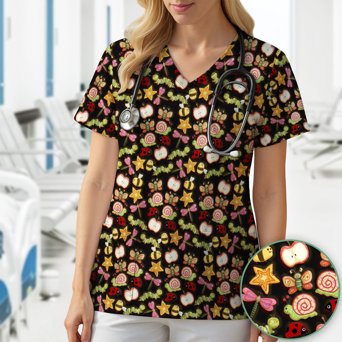 Snail Ladybug Caterpillar Apple Garden Nurse Scrub Top