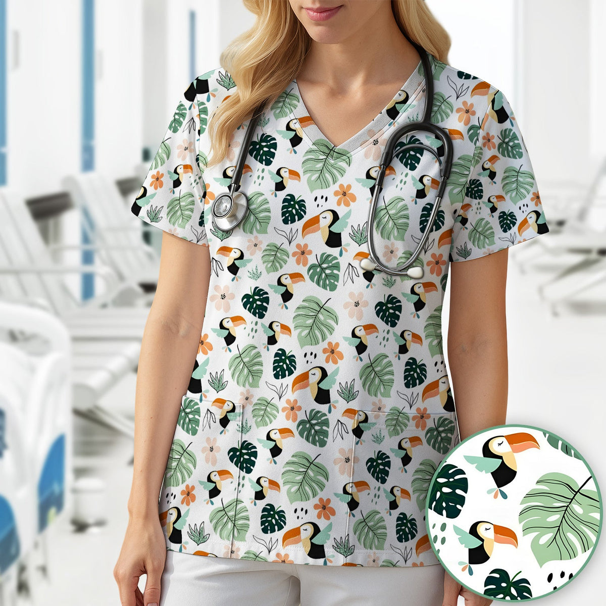 Tropical Toucan Leaf Floral Nurse Scrub Top