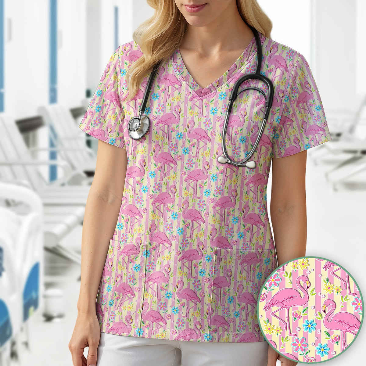 Pink Flamingo Flower Stripe Nurse Scrub Top