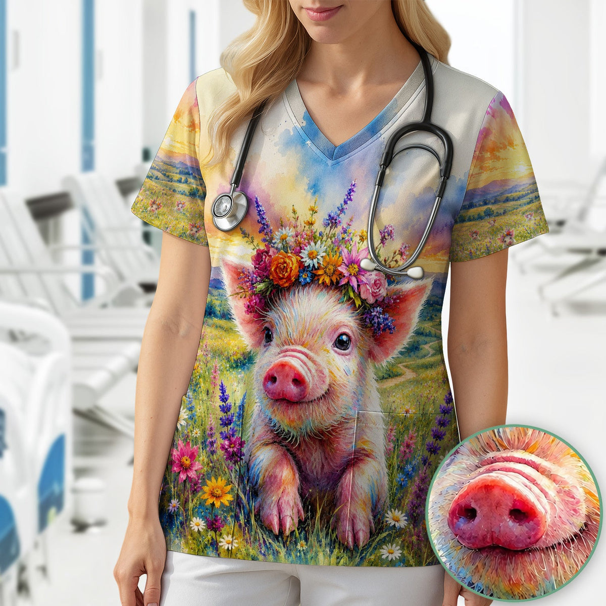 Floral Piglet Nurse Scrub Top