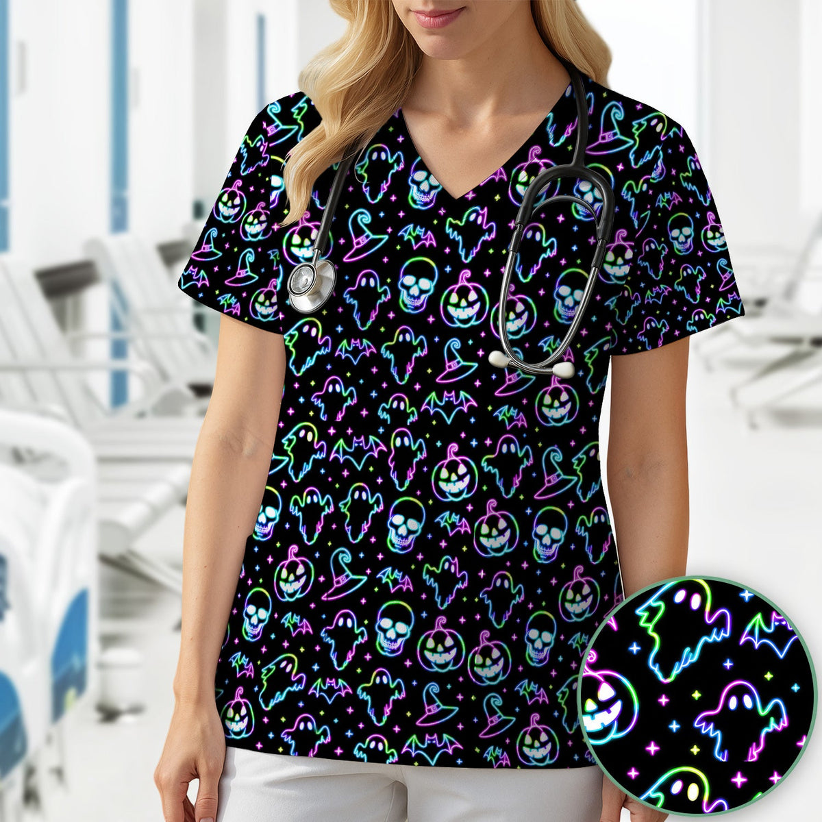 Pumpkin Skull Spooky Nurse Scrub Top