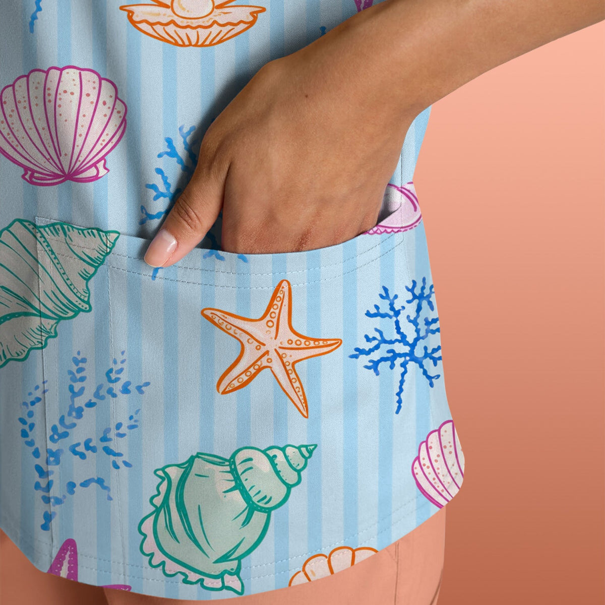 Colorful Seashell Starfish Ocean Stripe Nurse Scrub Top