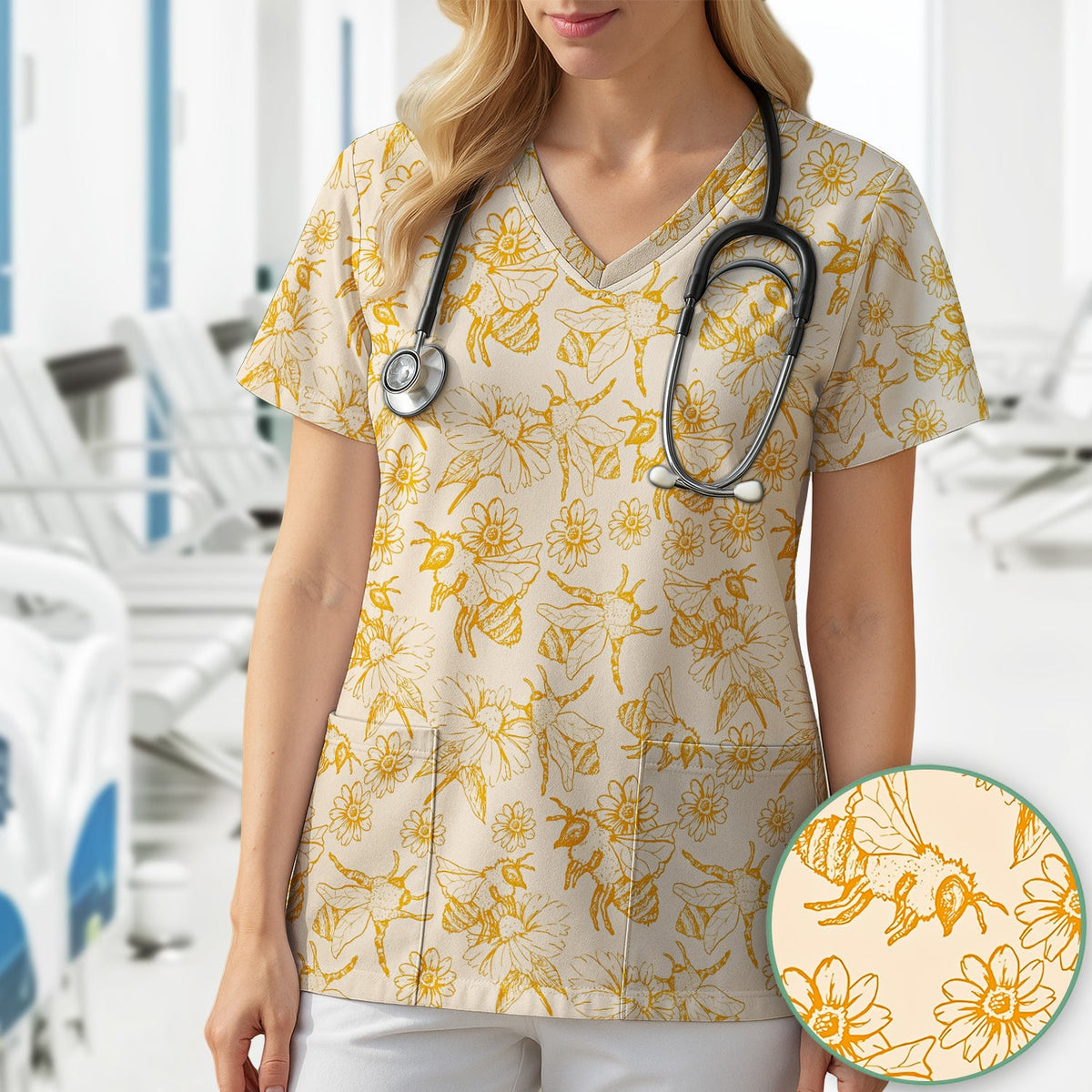 Honey Bee Flower Sketch Nurse Scrub Top