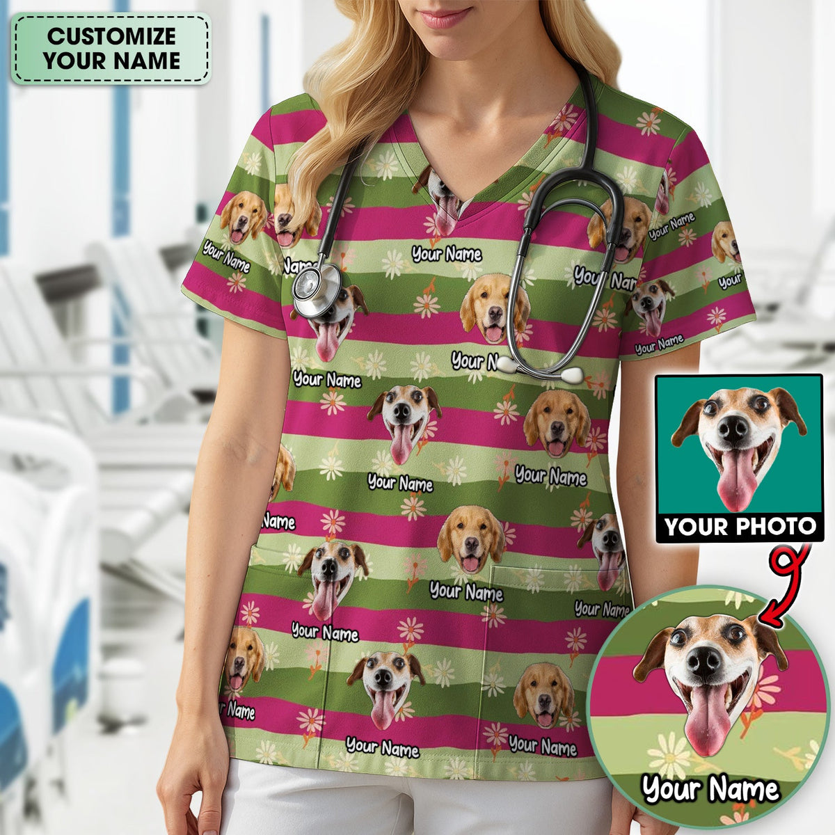 Personalized Dog Photo Spring Stripes Nurse Scrub Top