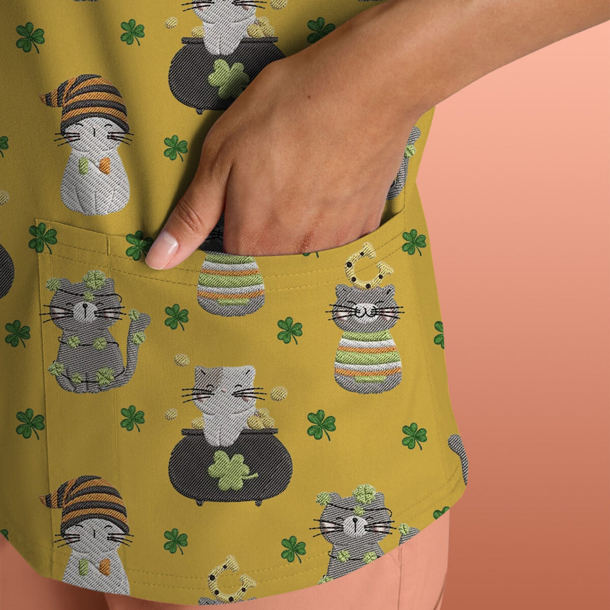 St Patrick Lucky Cat Shamrock Nurse Scrub Top